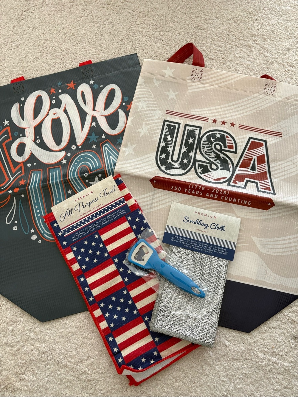 USA Reusable Tote Bags, Kitchen Towels, Dish Scrubber and Wine Key Set